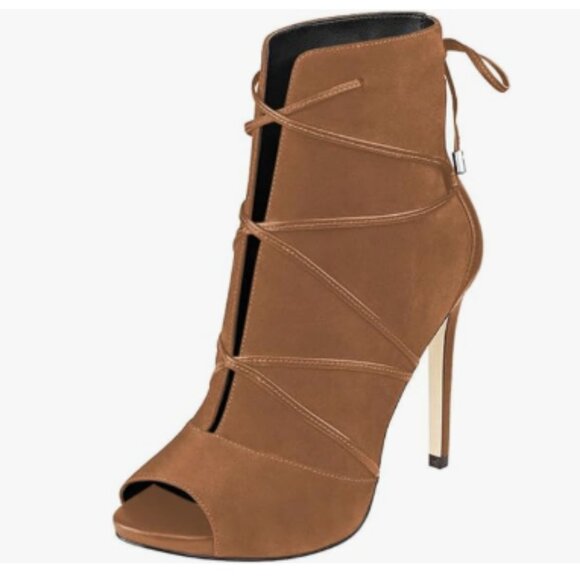 YDN Shoes - YDN Peru Peep Toe Faux Suede Platform Stiletto High Heels Lace Up Ankle Booties